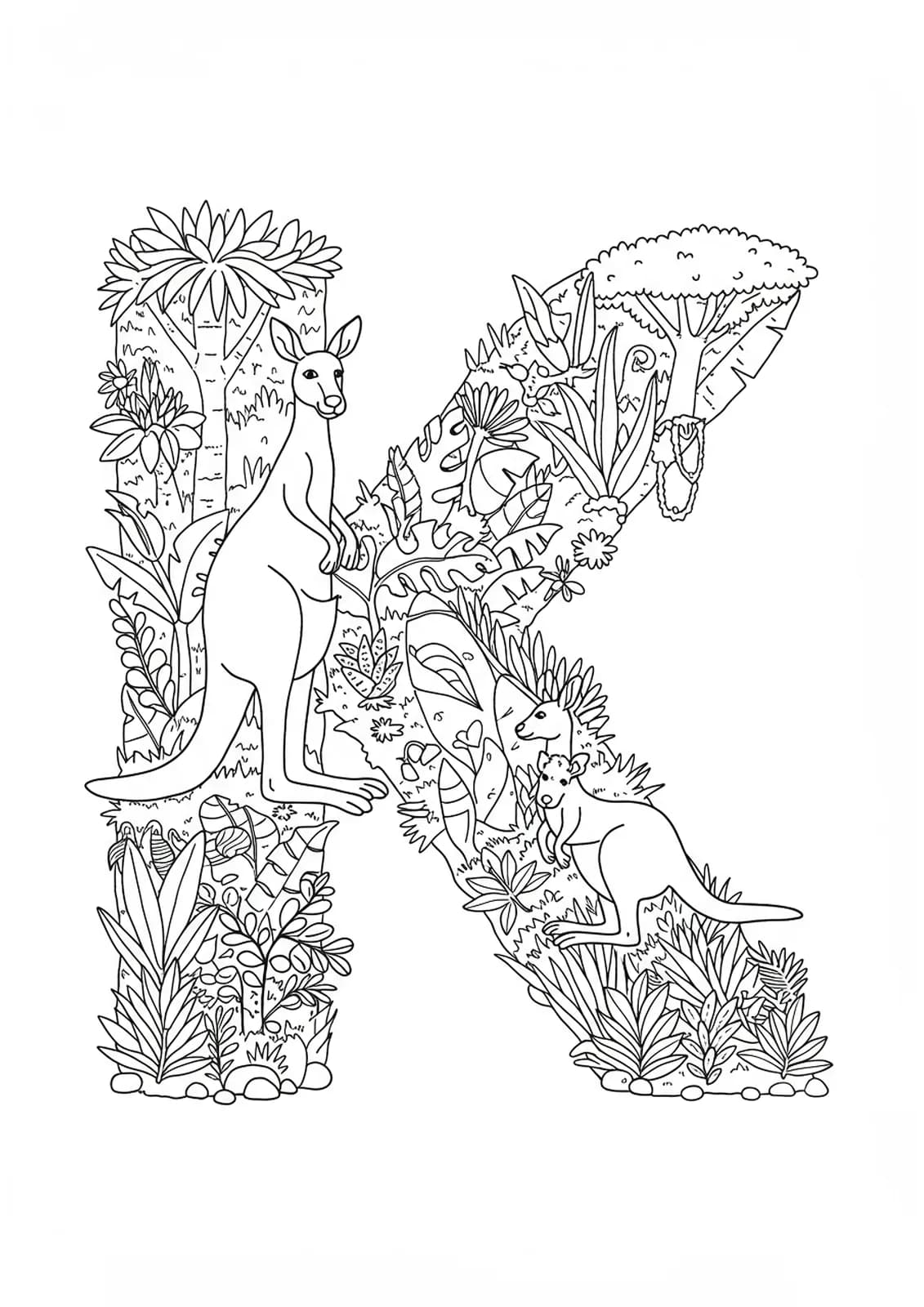 Intricate coloring page of the letter K and detailed kangaroos, plants, trees, and flowers.