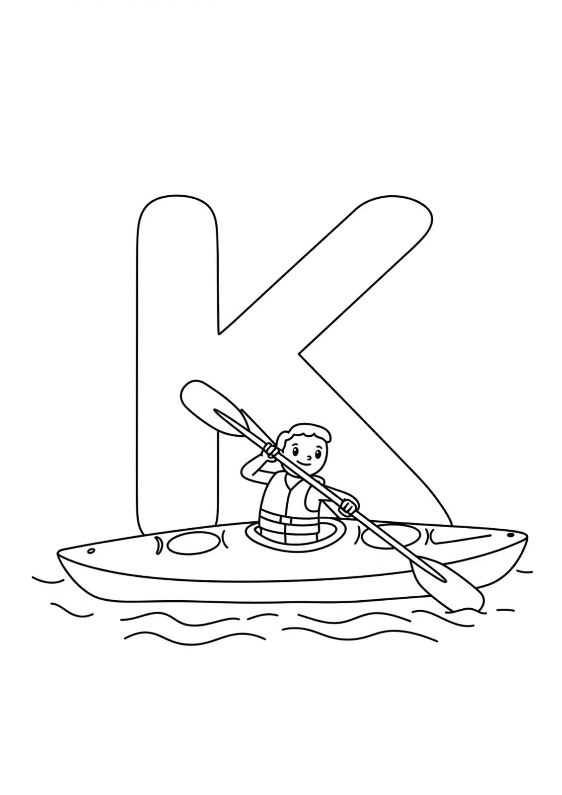 A large letter K with a cartoon kayak and paddle on water, designed simply for kids.
