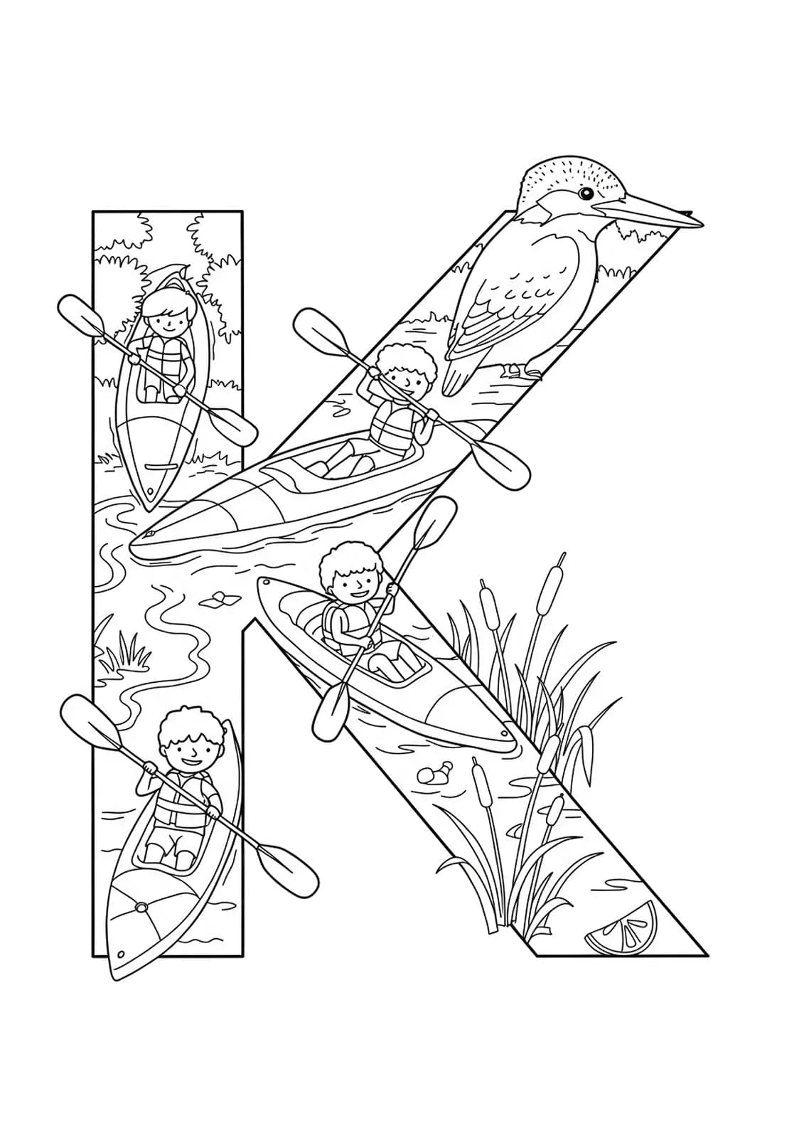 Coloring page with the letter K, kayaks on a river, kids paddling, and river nature.