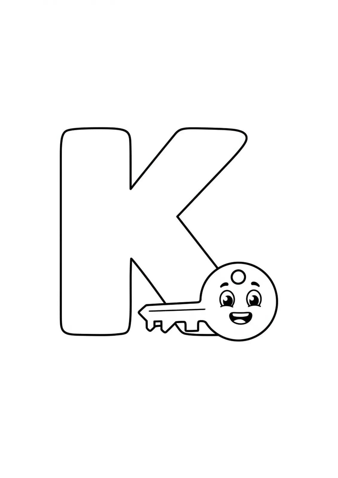 A large letter K with a big cartoon key next to it, both designed simply and clearly.