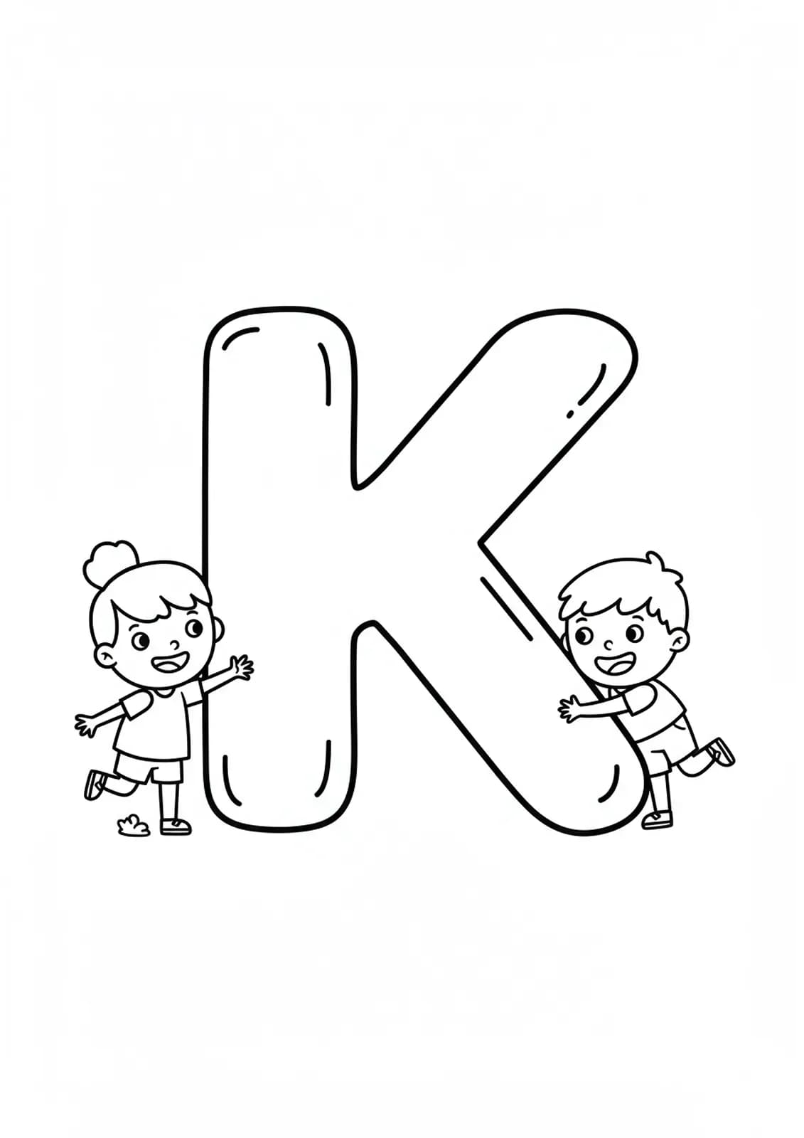 A large letter K with two cartoon kids happily playing next to it.