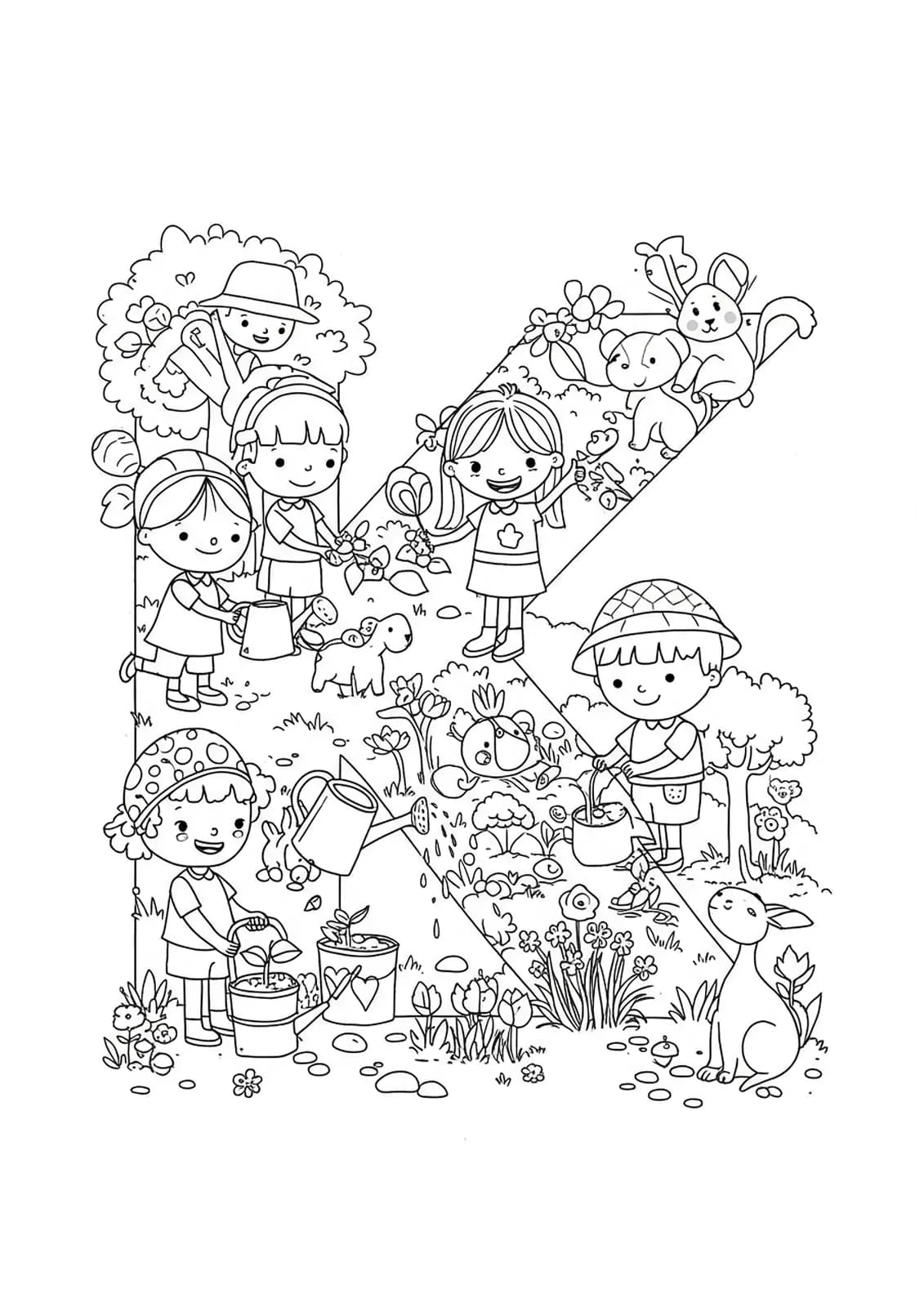 Medium detail coloring page with the letter K, children watering plants and helping animals in a garden.