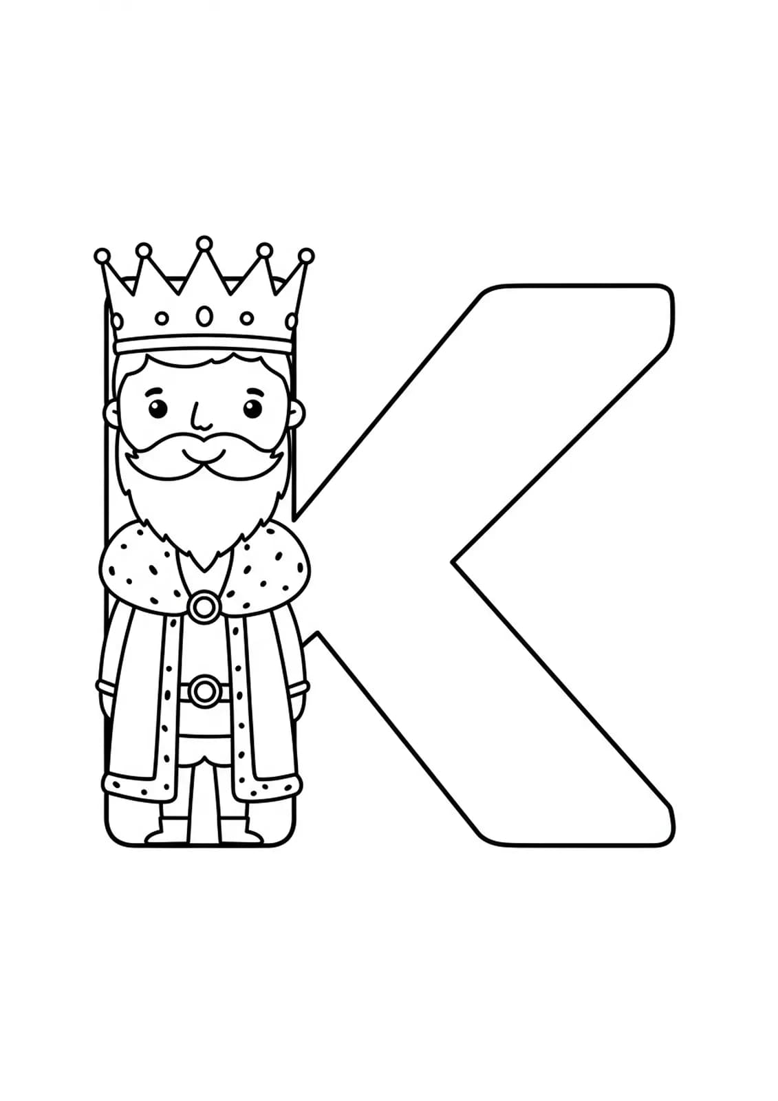 A large letter K with a cartoon king wearing a crown and robe, smiling.