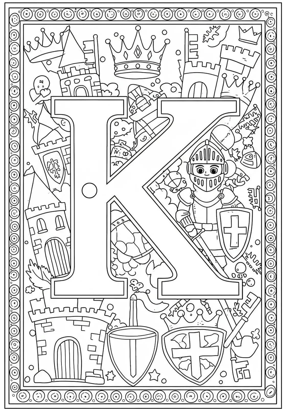 Medium detail coloring page with the letter K, castles, knights, and kingdom-themed objects.