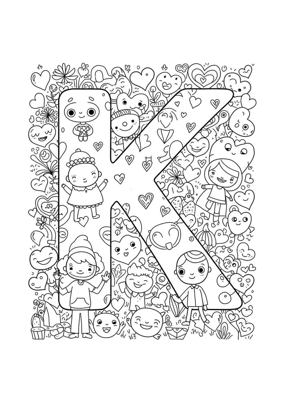 Coloring page of the letter K surrounded by detailed hearts, smiling characters, and kind actions.