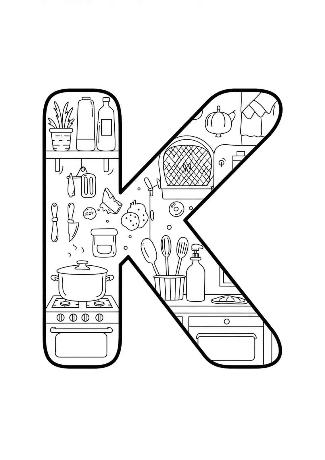 A large letter K with simple kitchen items like a pot, stove, and spatula.