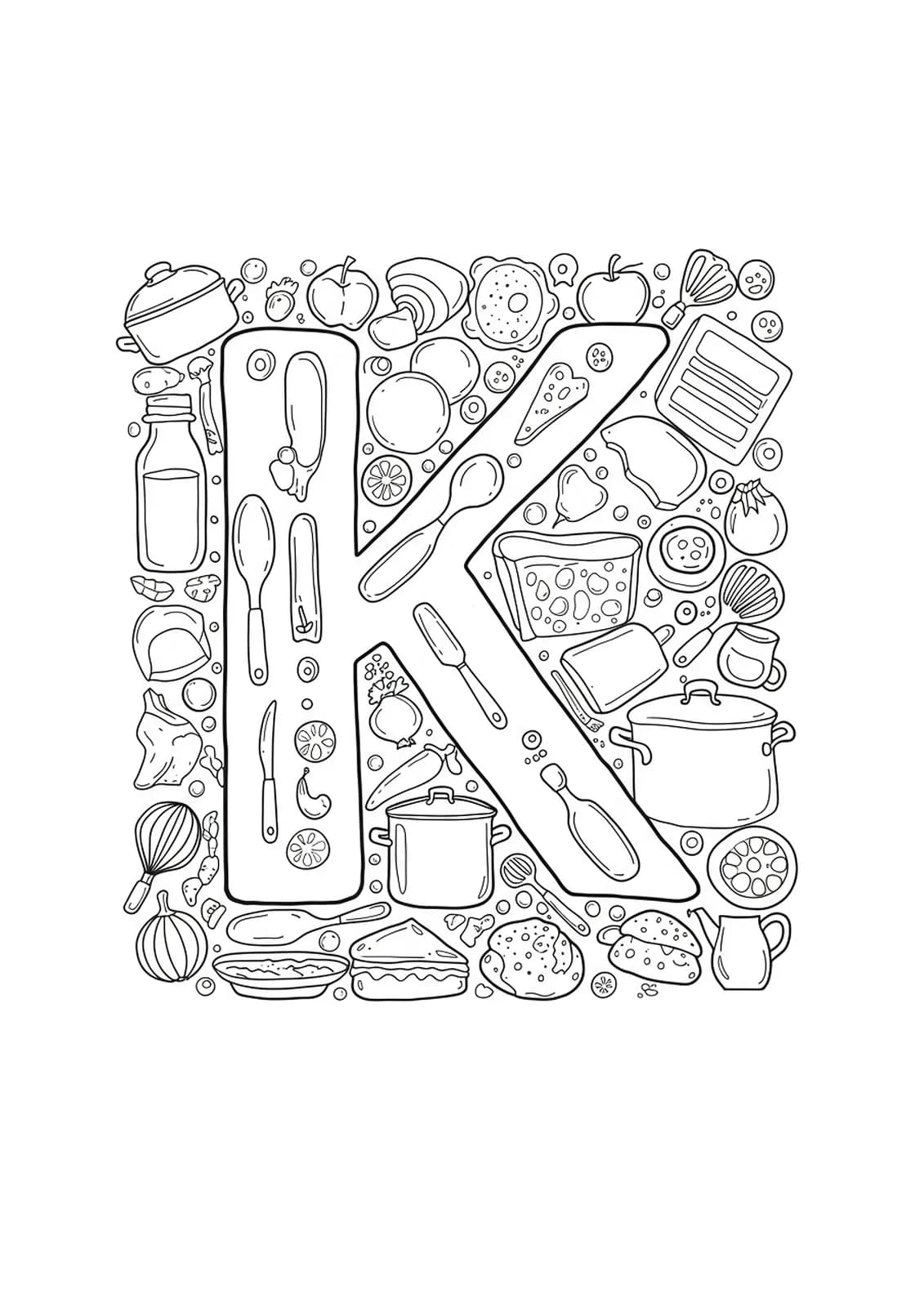 Intricate coloring page of the letter K surrounded by kitchen utensils, pans, and cooking food.