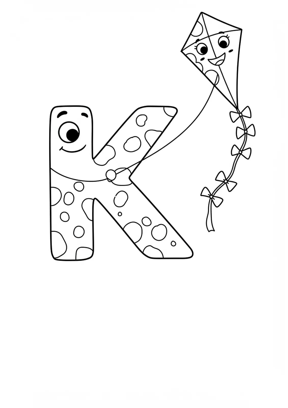 A large letter K with a simple kite flying next to it, with a long tail and bows.