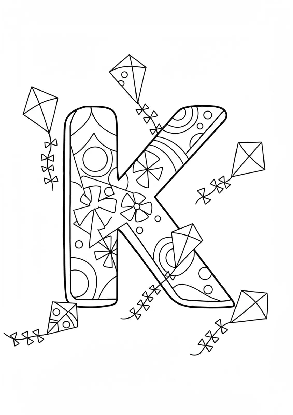 A large letter K with several simple kites flying around it, friendly and festive.