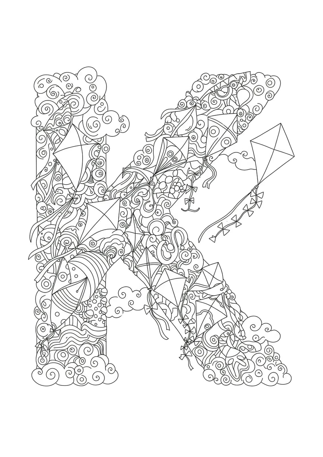 Intricate coloring page featuring the letter K with many detailed kites, string patterns, and clouds for preschoolers.
