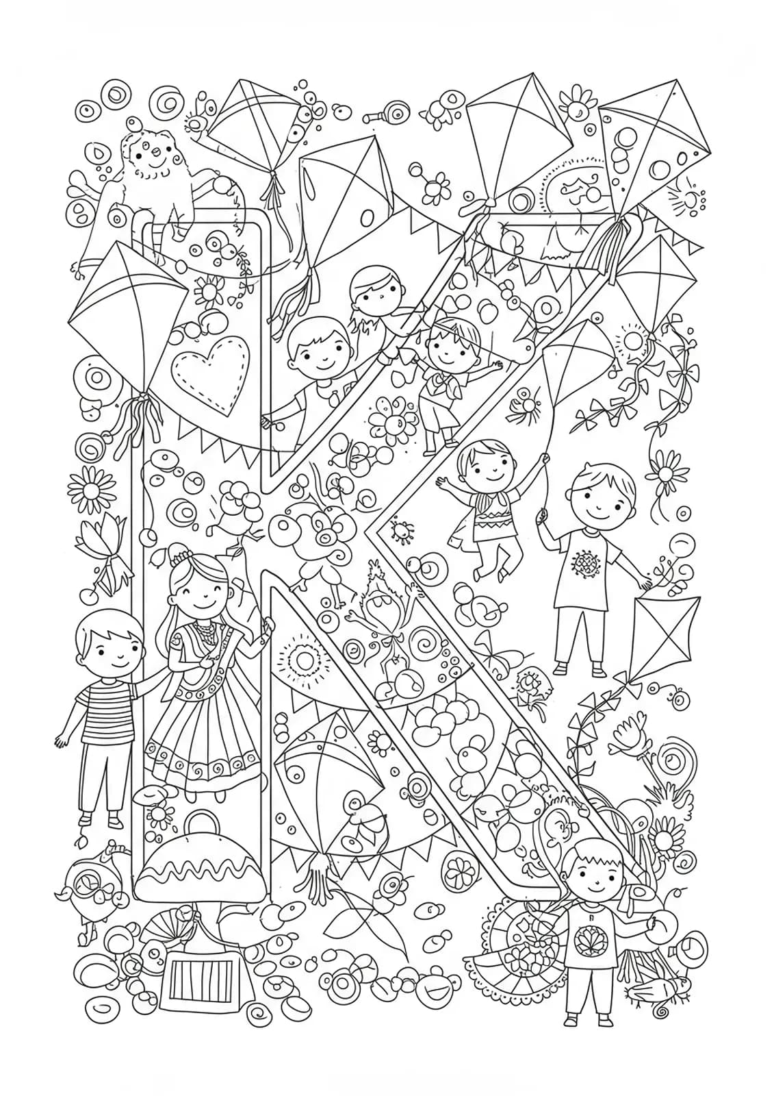 Letter K coloring page with kites, kids flying them, and festival decorations.