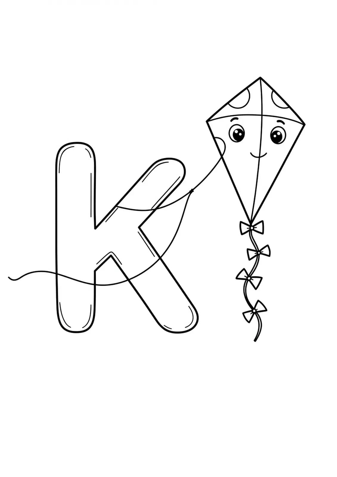 Simple coloring page with a large letter K and a big kite flying, suitable for preschoolers.