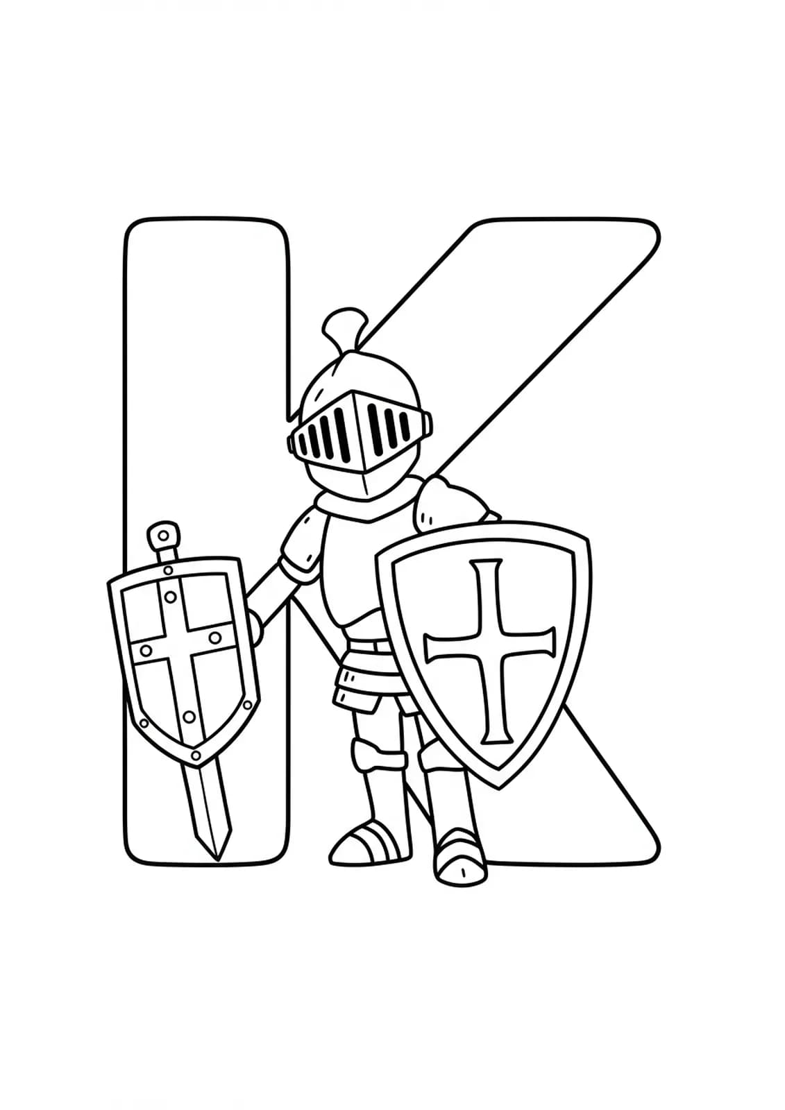 A large letter K with a smiling cartoon knight in armor holding a shield.