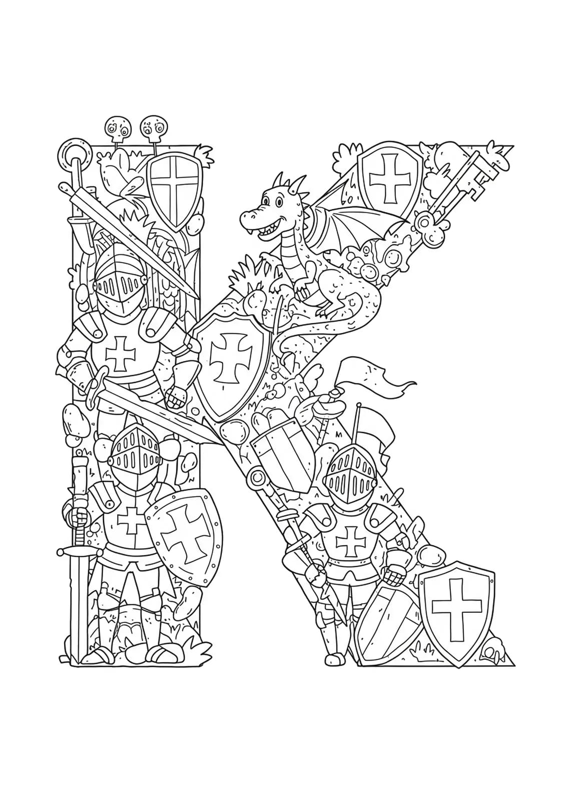 Coloring page with the letter K, knights in armor, dragon, shields, and keys.