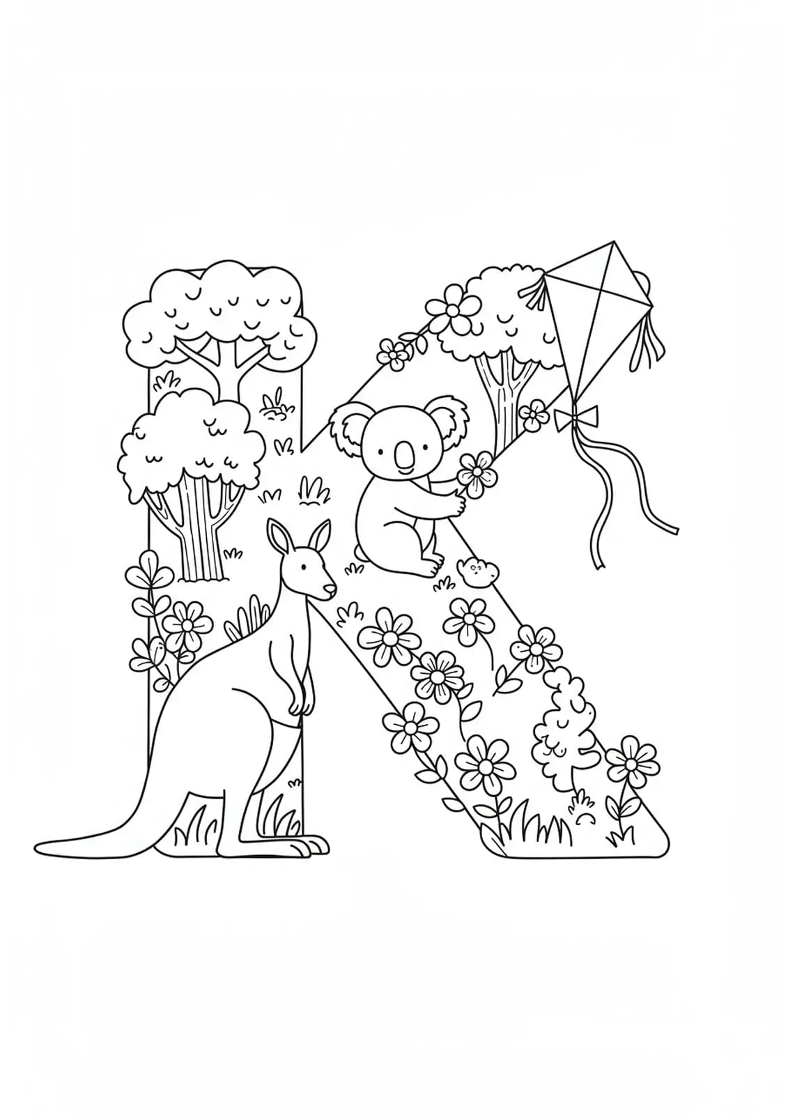 Coloring page with the letter K, kangaroo, koala, and a kite in a nature setting.