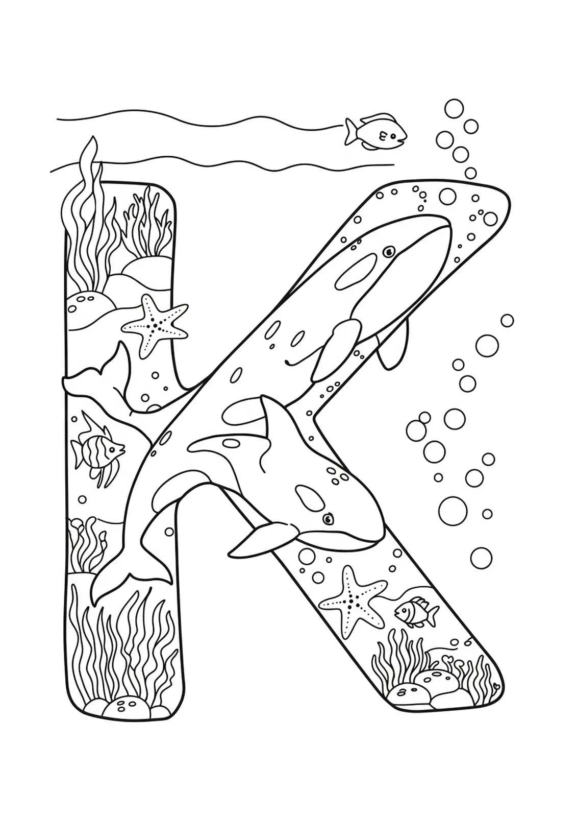 Coloring page showing the letter K with detailed killer whales, seaweed, fish, and bubbles.