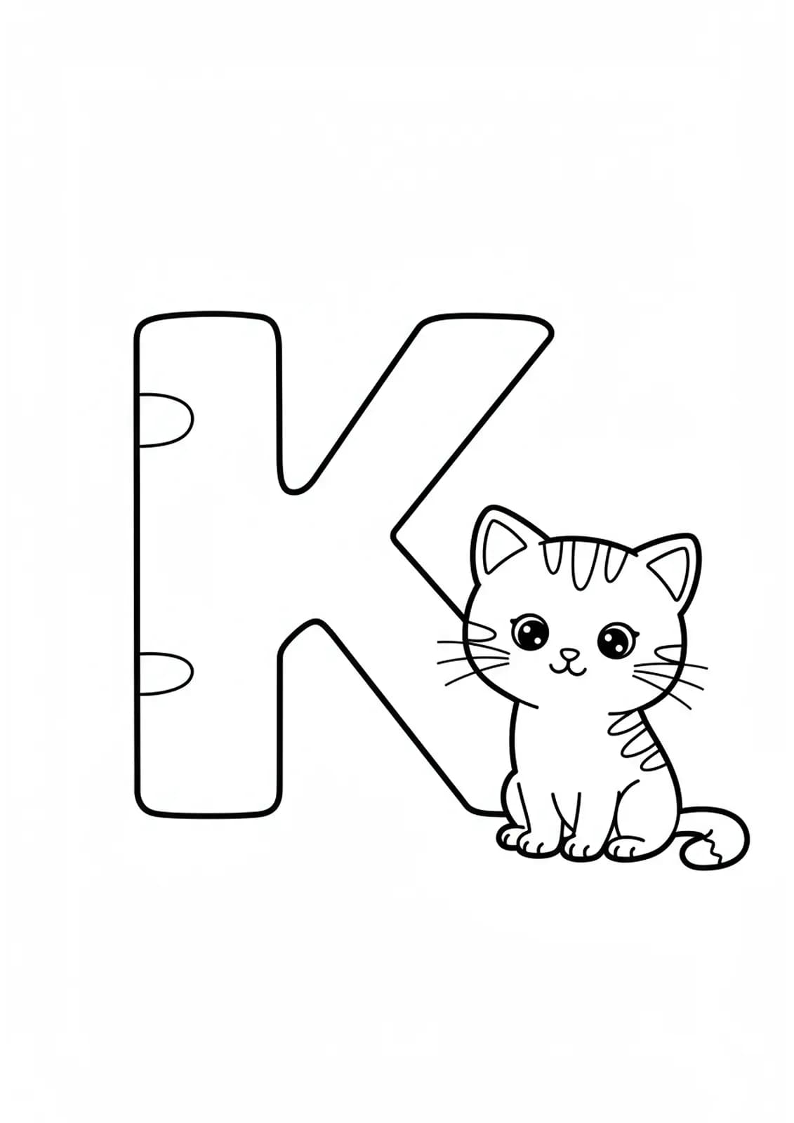 Large letter K with a simple kitten sitting next to it for easy preschool coloring.