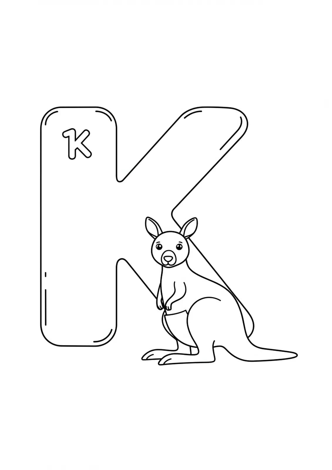 Easy coloring page with large letter K and a friendly kangaroo for preschool kids.