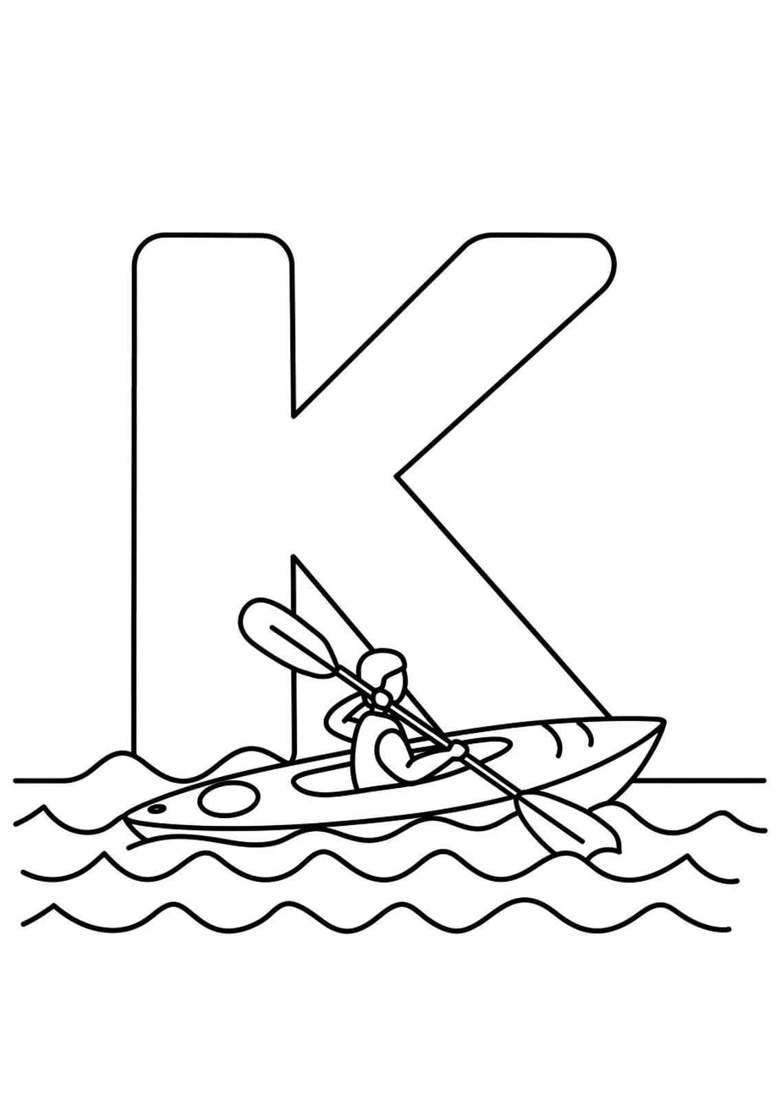 Large letter K with a simple kayak on water, designed for preschool coloring.