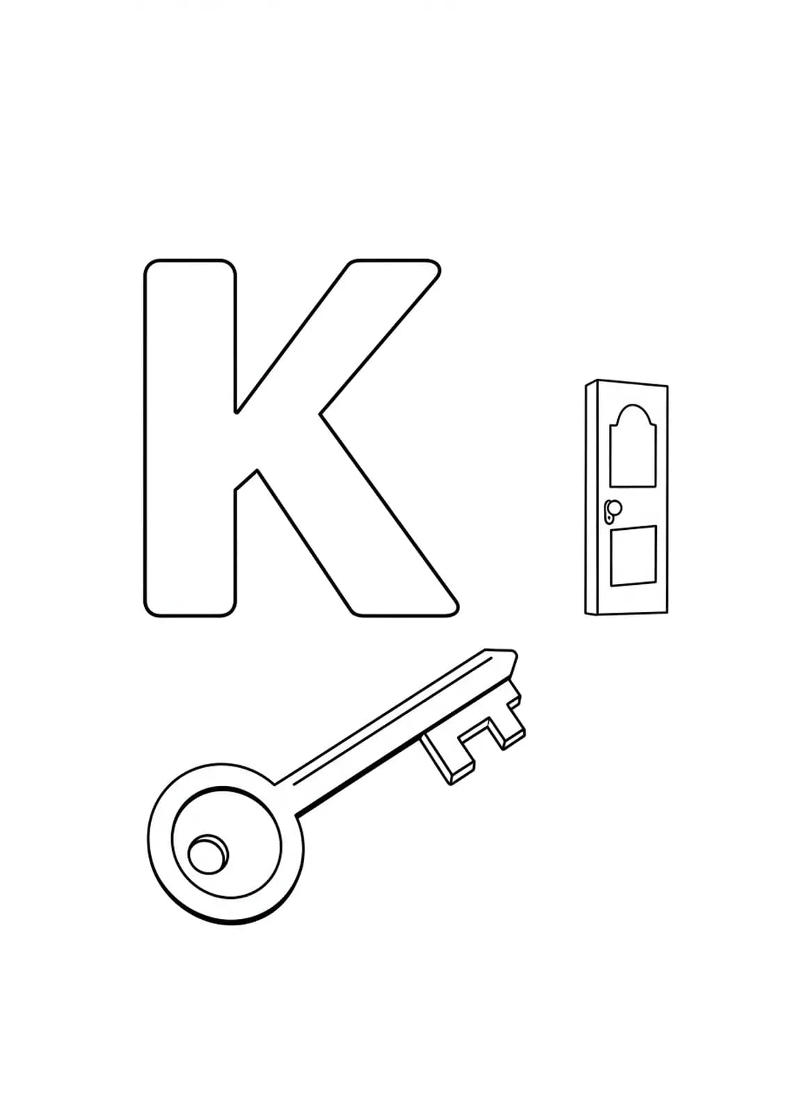 Large letter K with a key and a simple door, easy to color for preschoolers.
