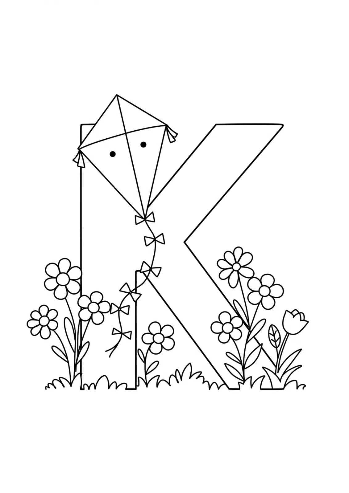 Large letter K with a simple kite and spring flowers, easy for young children to color.