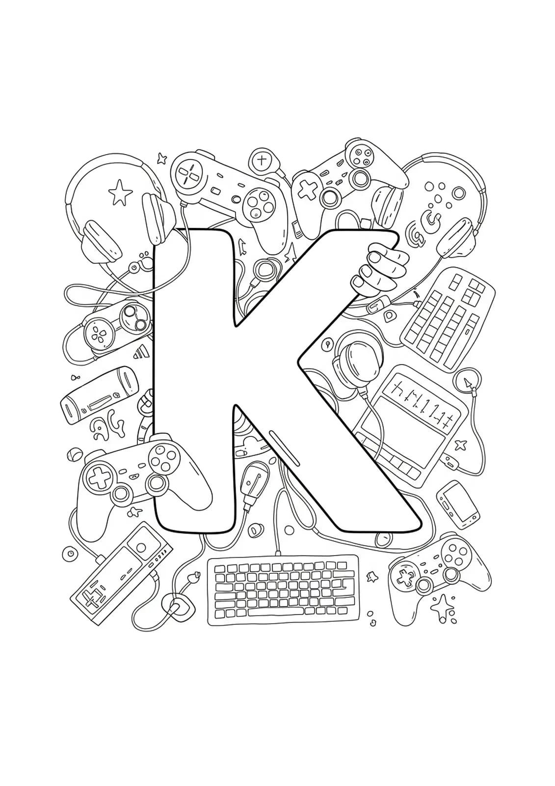 Letter K coloring page with gaming gear like controllers and headsets, easy and bold outlines.