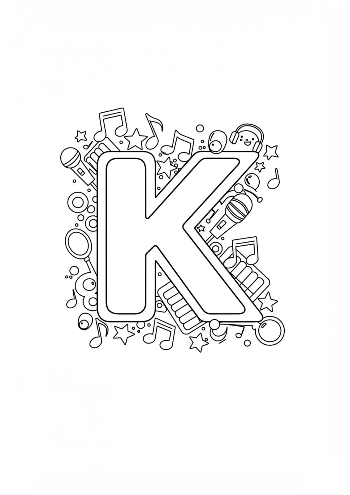 Letter K coloring page with K-Pop themed elements like music notes and microphones, outlined in simple black and white.