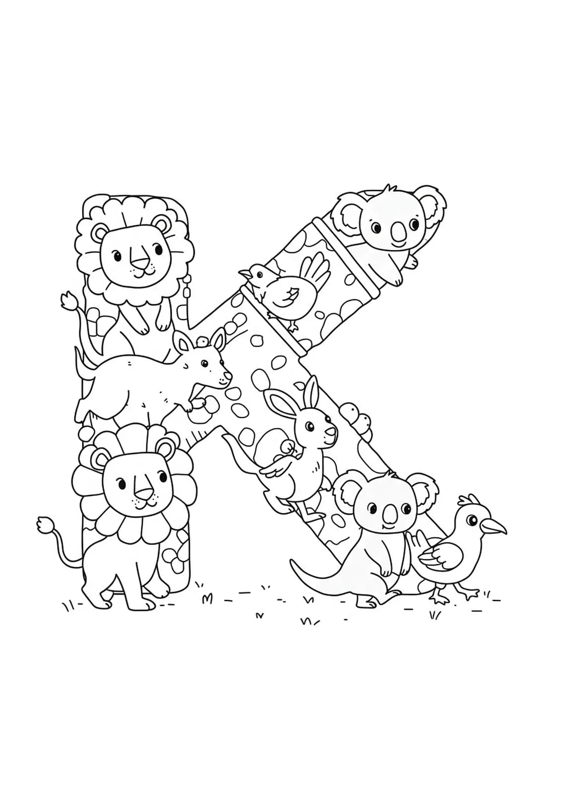 Large letter K with various animals (lion, kangaroo, koala, birds) walking in a parade.