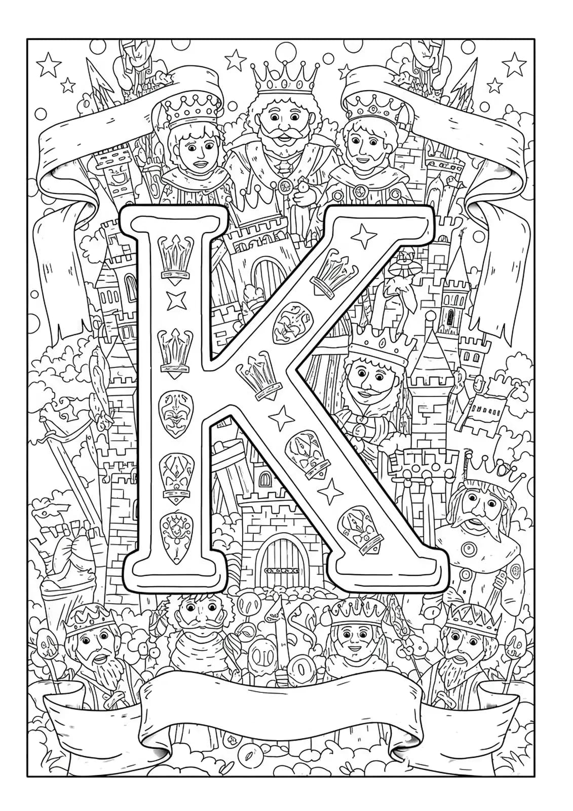 Coloring page with the letter K, detailed castles, kings with crowns, and fancy banners for preschoolers.