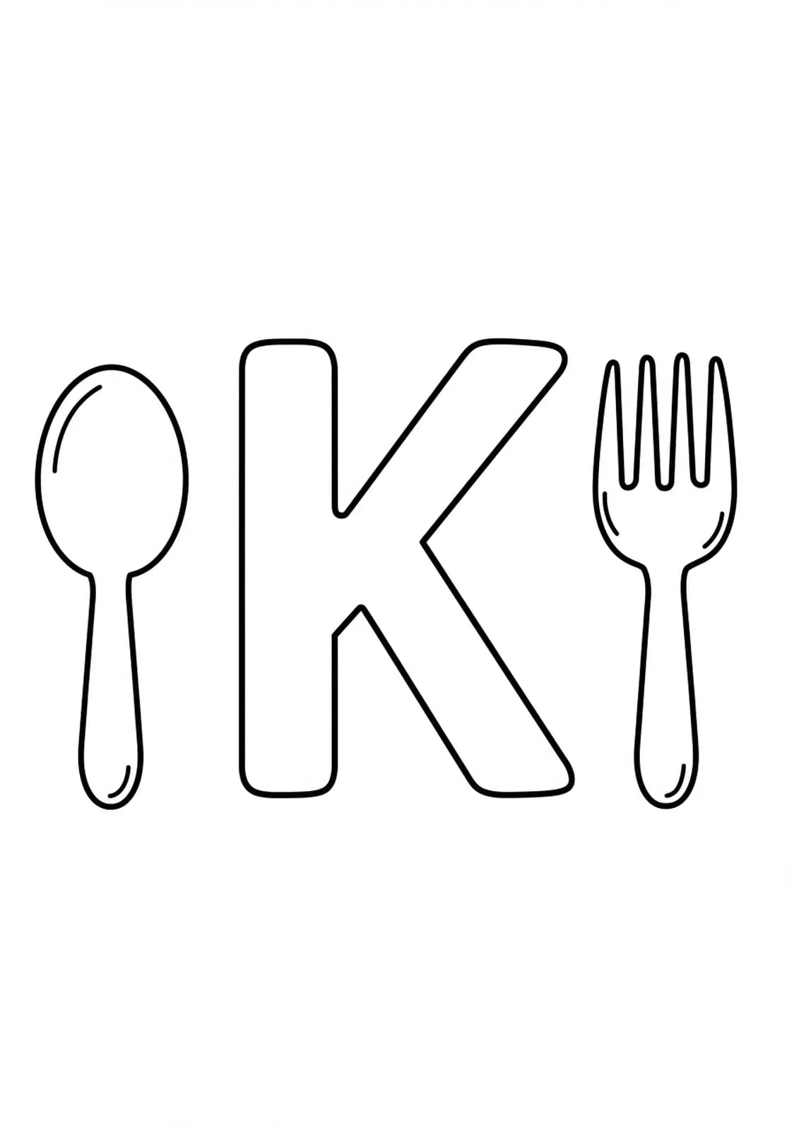 Large letter K with spoon and fork, easy kitchen theme for preschool coloring.