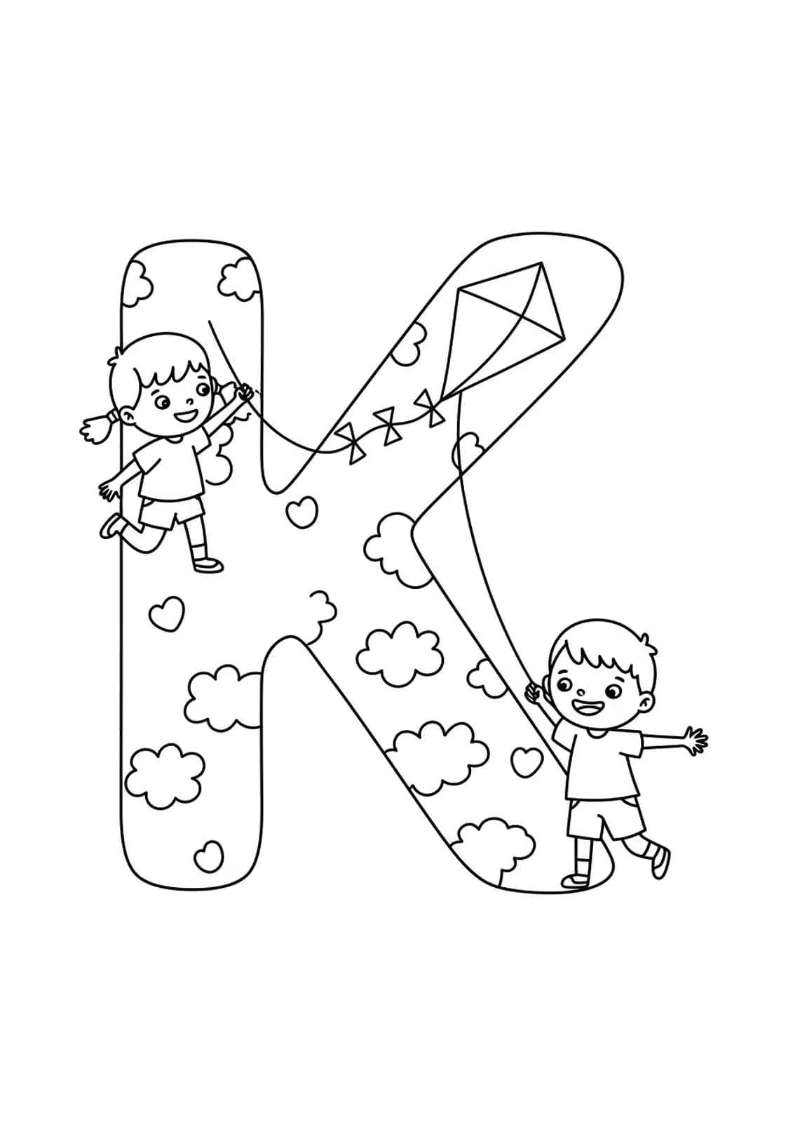 Large letter K with kids flying kites around it, simple and easy for preschool coloring.