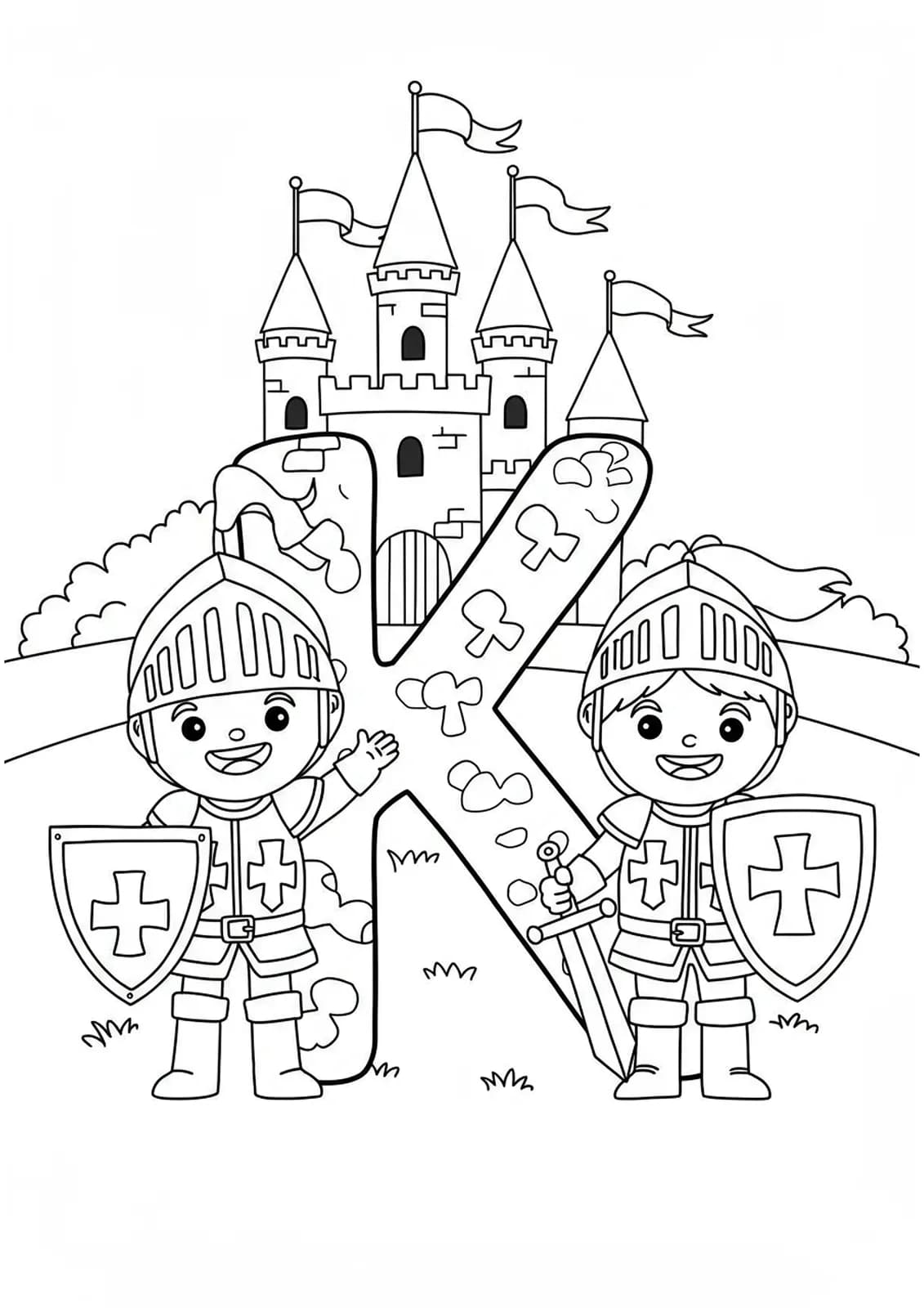 Letter K with two cheerful knights standing beside a castle, suitable for preschool fantasy coloring.