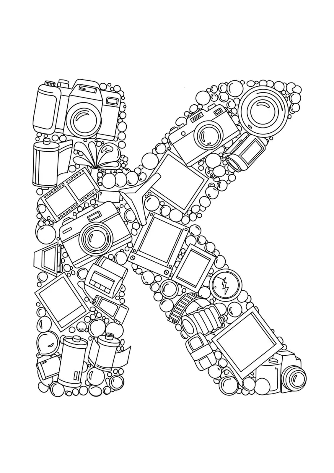 Letter K coloring page with camera, film roll, and photo frame icons, outlined for easy coloring.