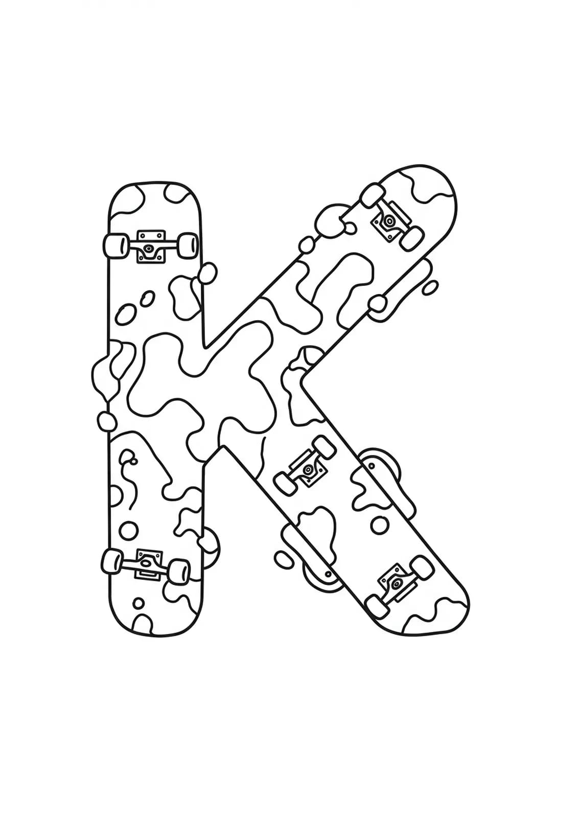 Letter K coloring page with skateboards and graffiti-style shapes, simple lines for easy coloring.