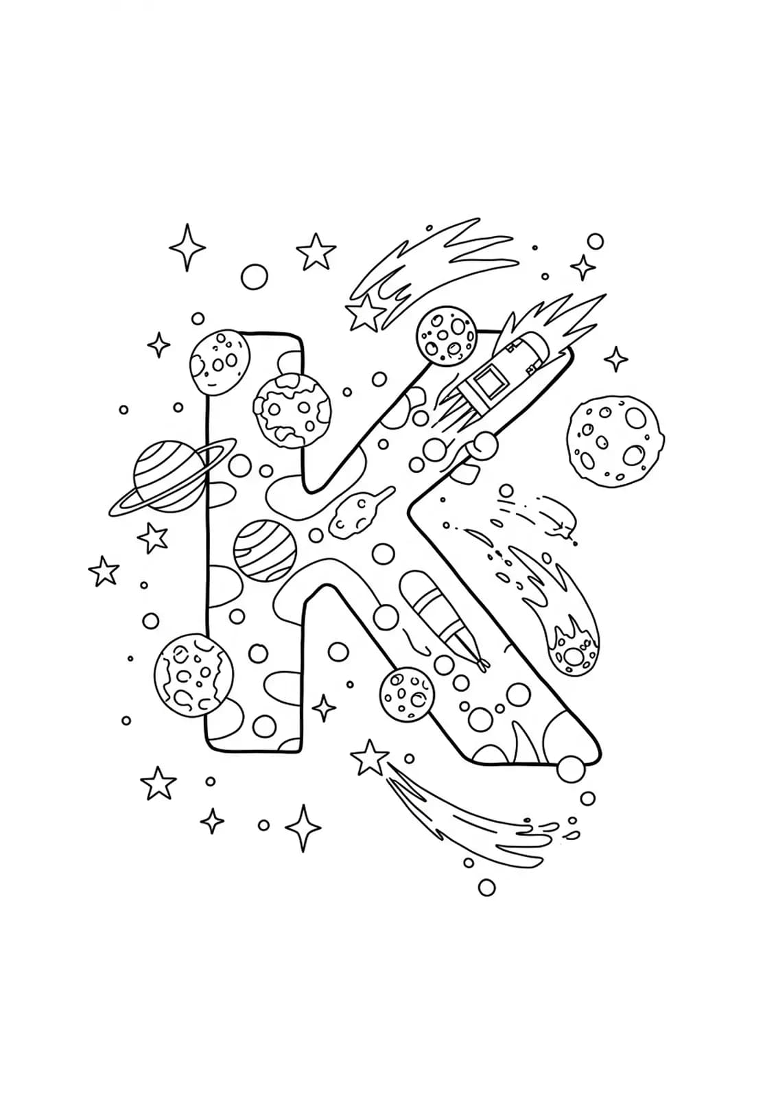 Letter K coloring page with space elements like planets and stars in easy black and white outlines.