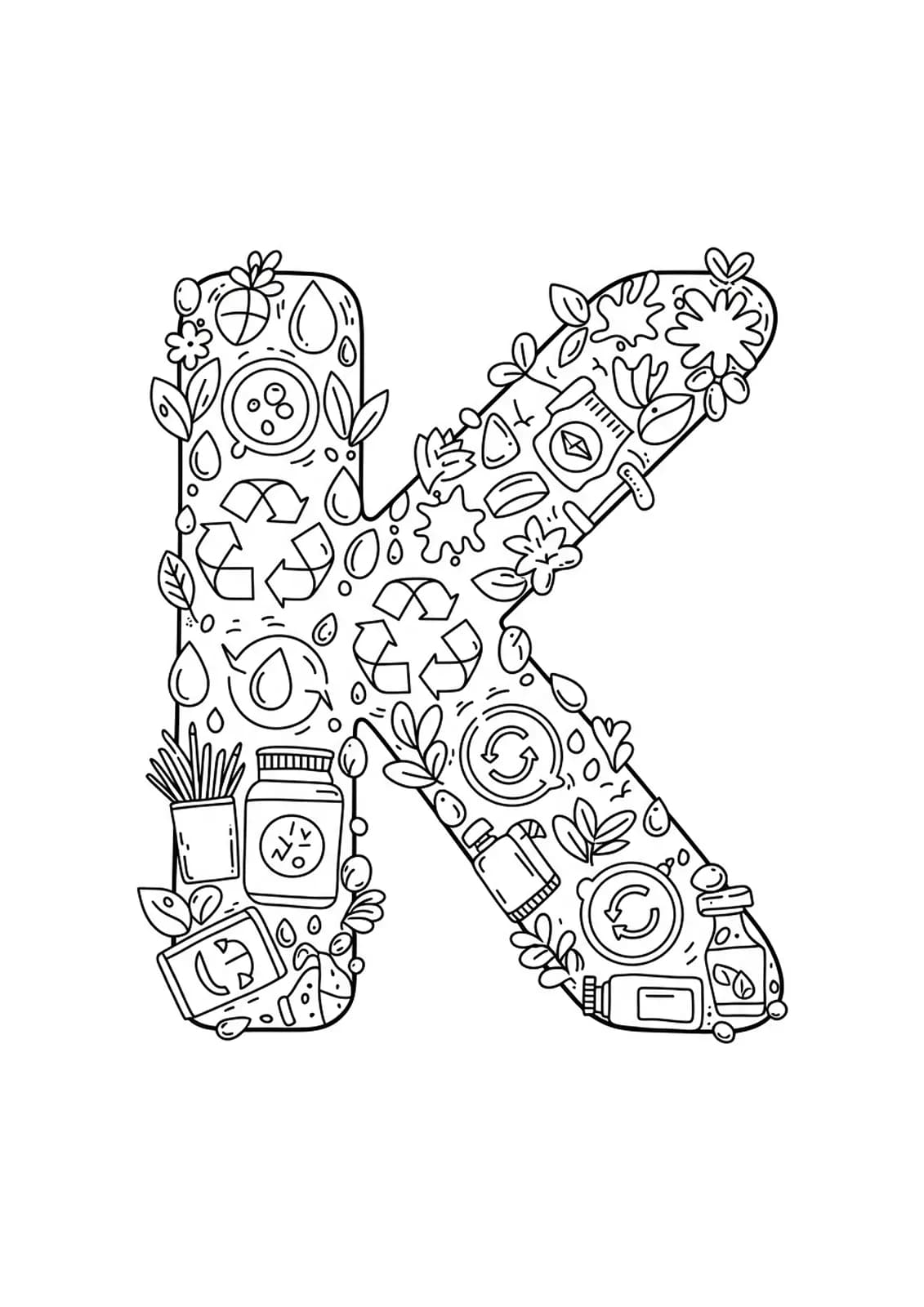 Letter K coloring page with eco-friendly icons like recycling signs and leaves, in simple black and white outlines.