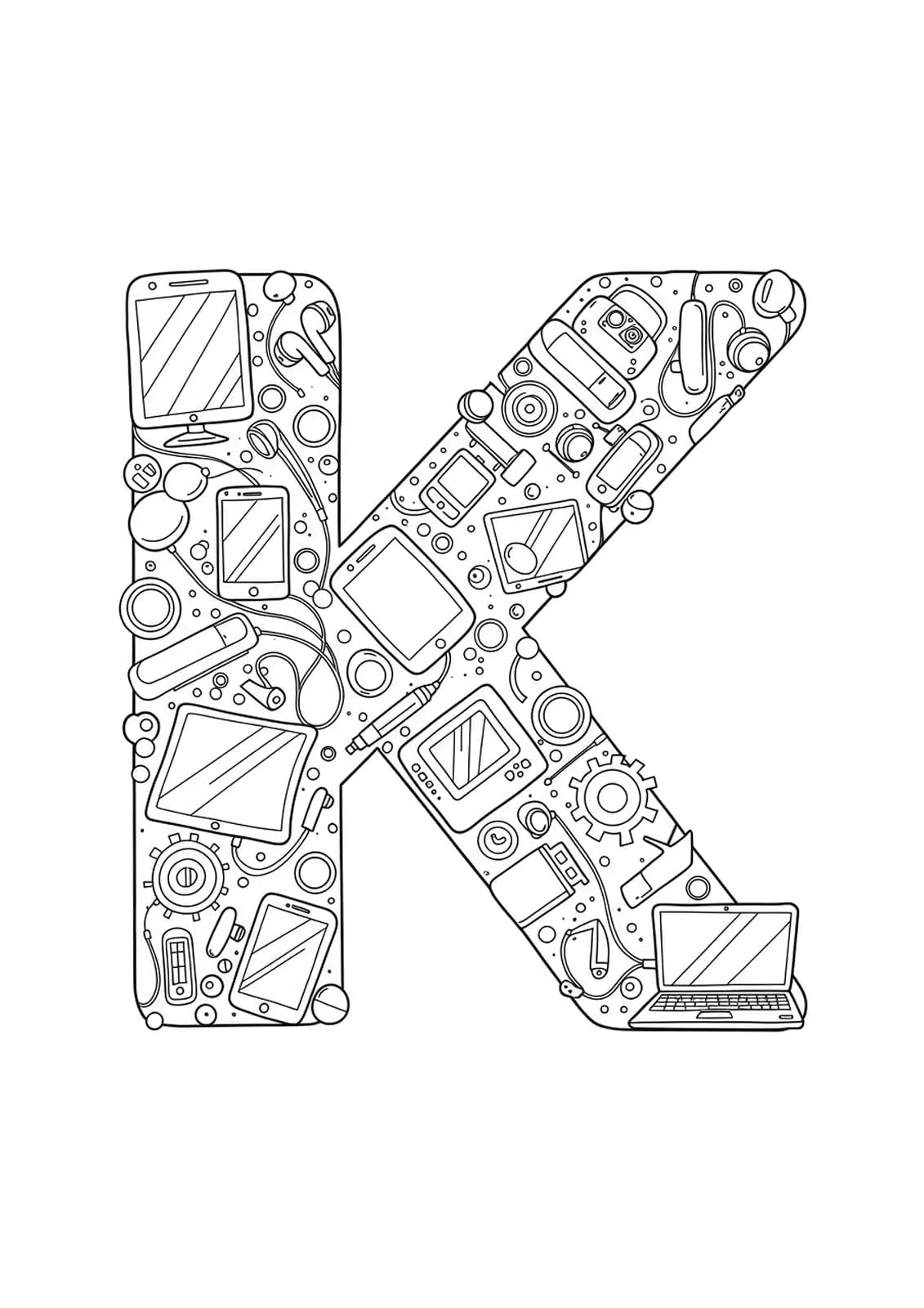 Letter K coloring page with tech gadgets like smartphones and laptops, outlined simply for easy coloring.