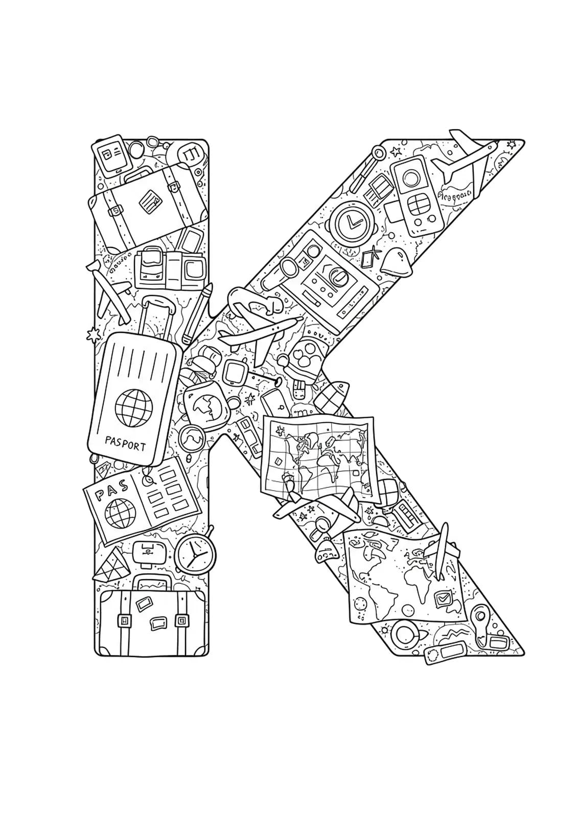 Letter K coloring page with travel icons like suitcases, airplanes, and maps, in simple black and white outlines.