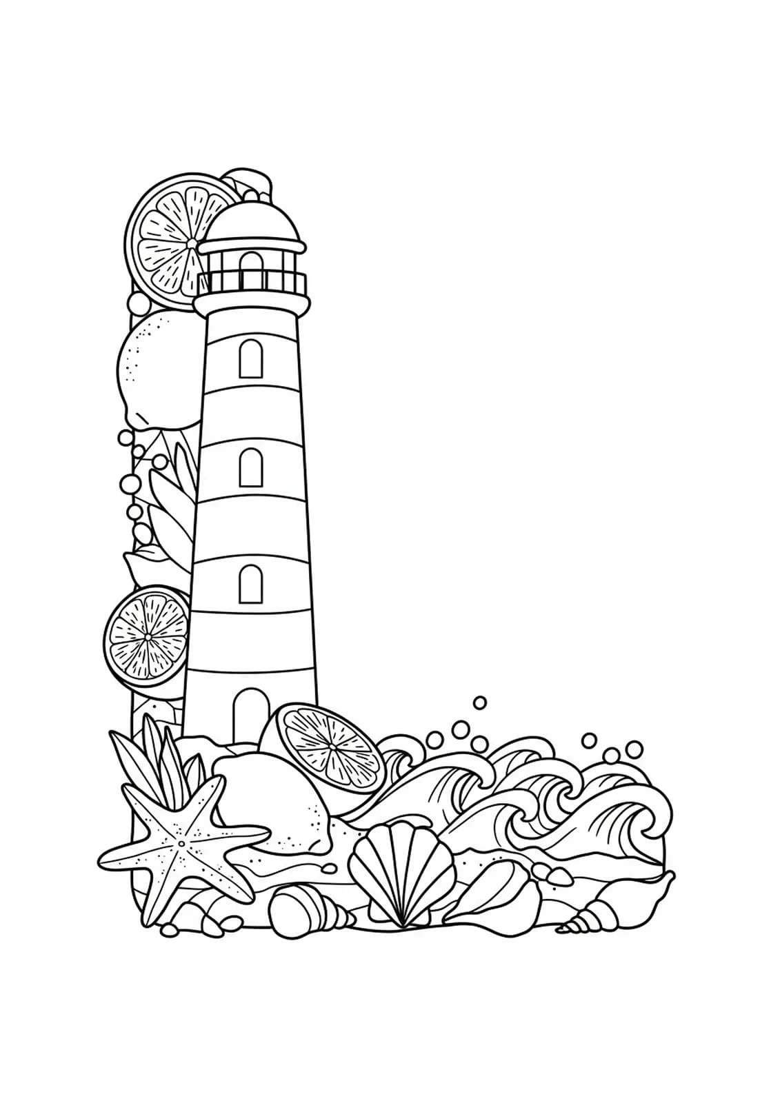 Outline drawing of the letter L with a lighthouse, lemons, and beach elements