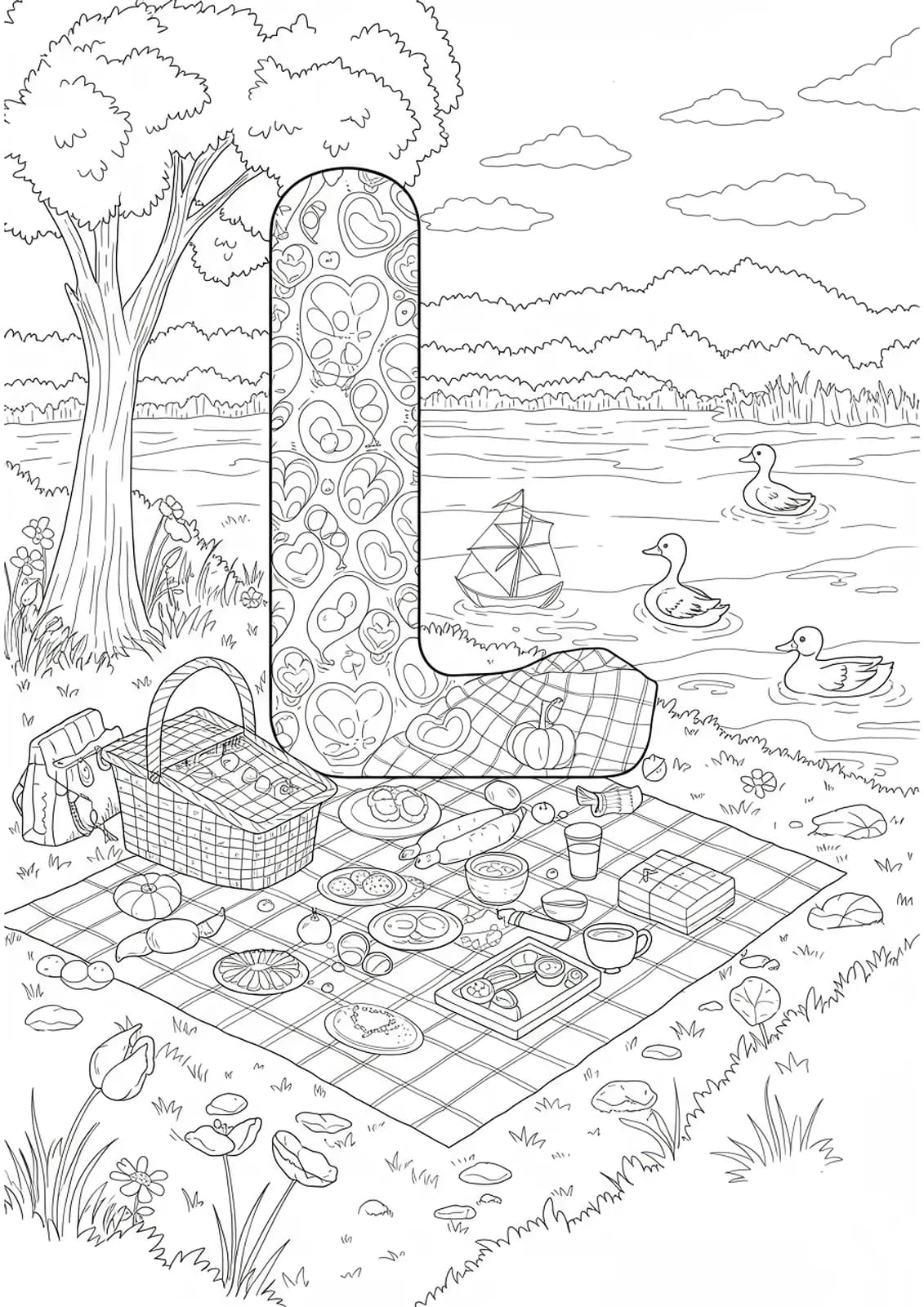 Coloring page with letter L at a picnic by a lake, with baskets, sandwiches, ducks, and detailed water patterns.