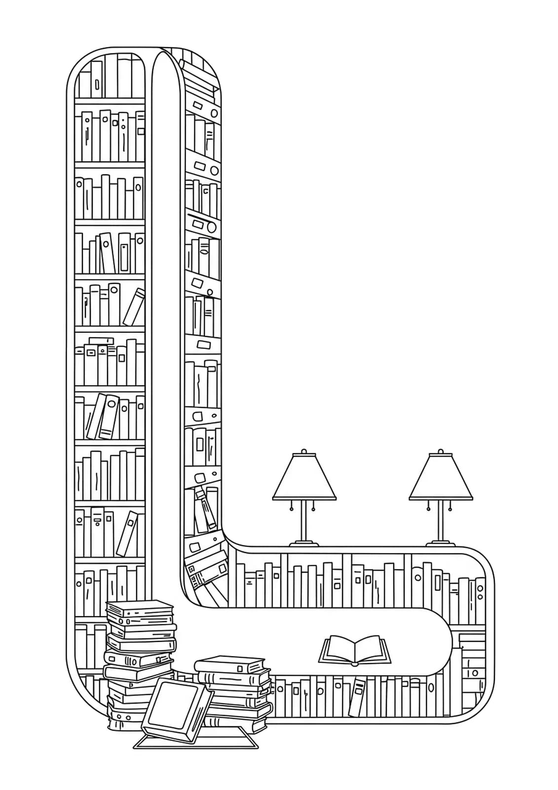 Coloring page with letter L among bookshelves, open books, and reading lamps in a detailed library scene.
