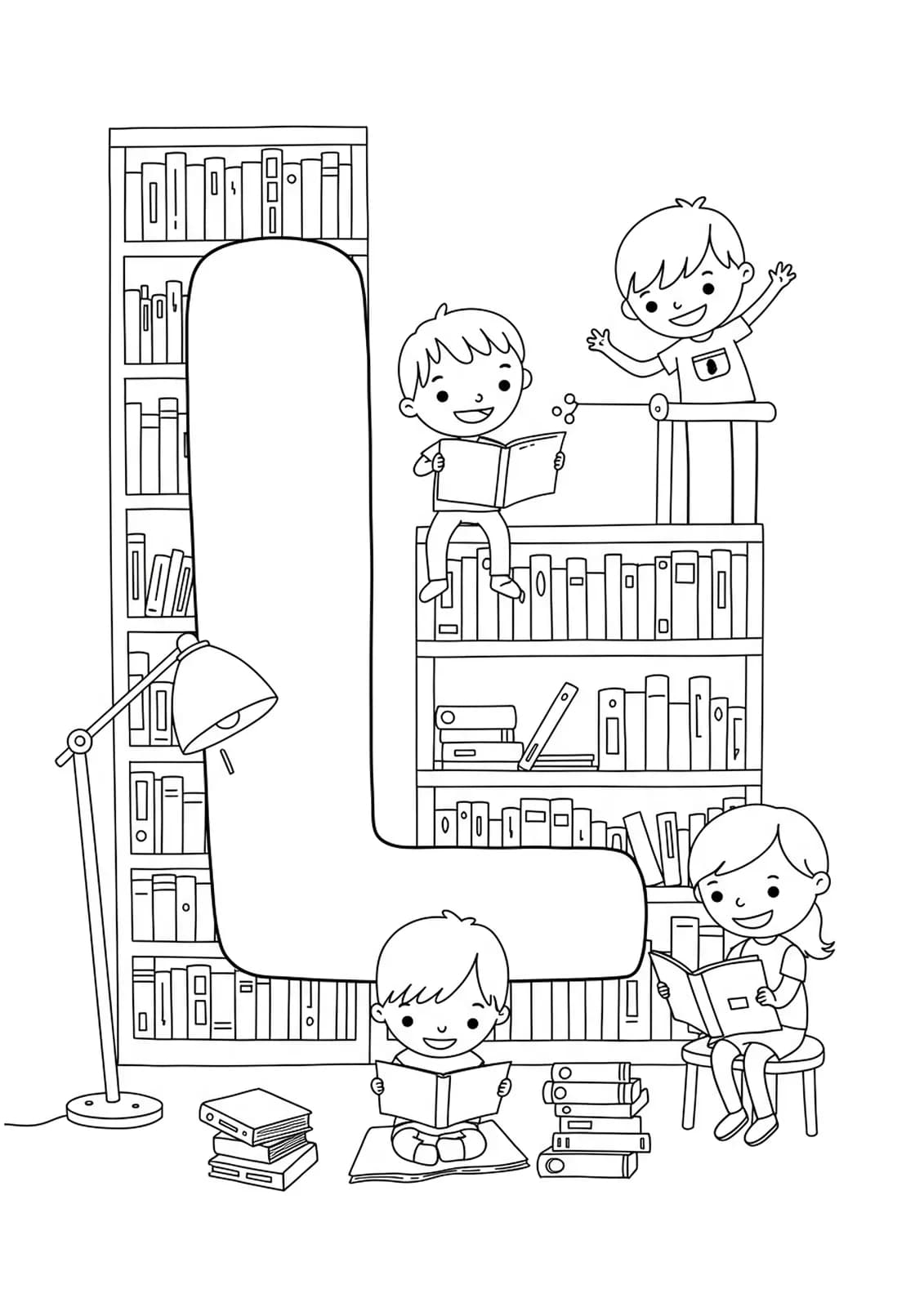 A coloring page showing the letter L in a library, with bookshelves, lamp, and children reading.
