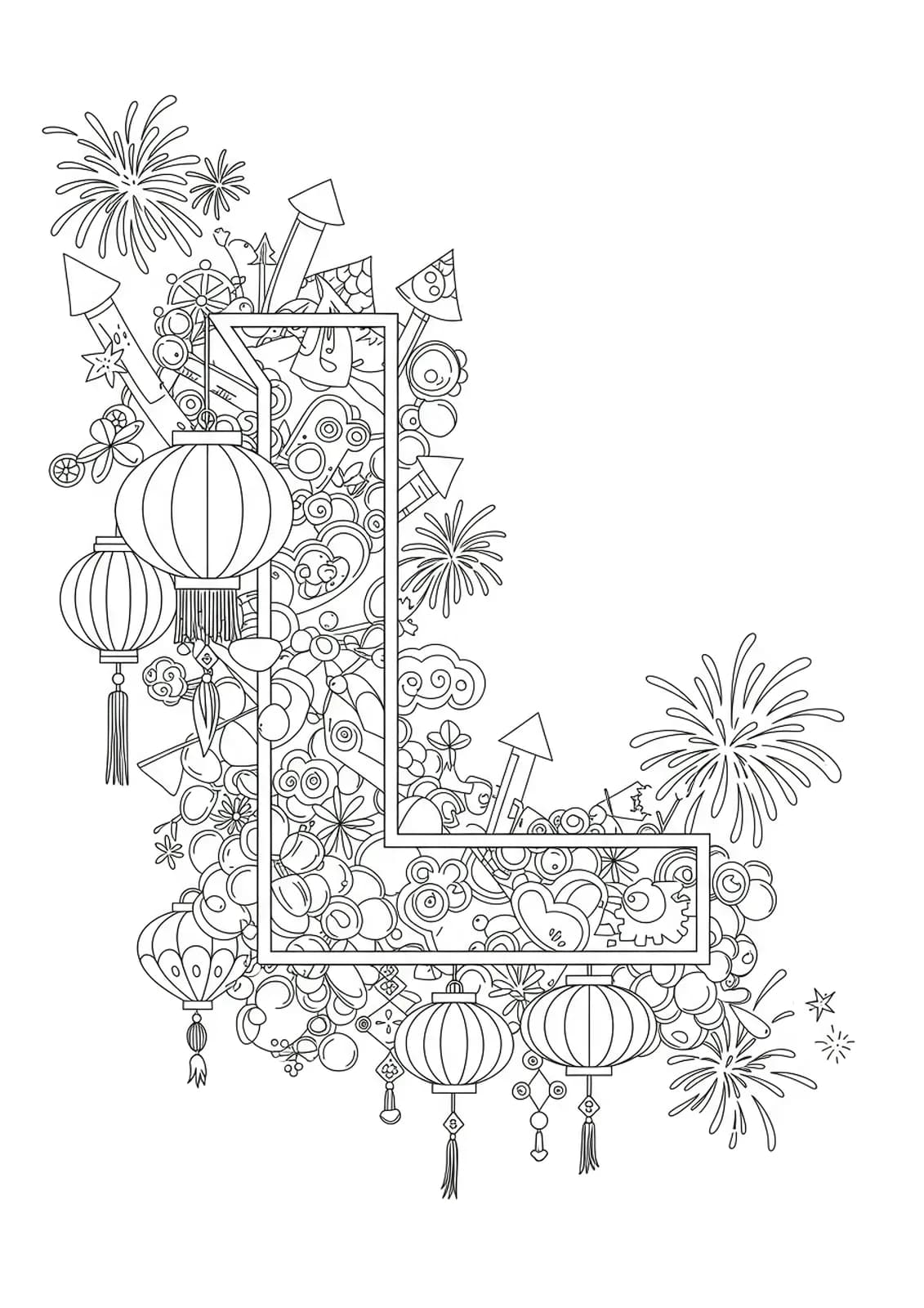 Letter L decorated with Chinese lanterns, fireworks, and detailed festival patterns for hard preschool coloring