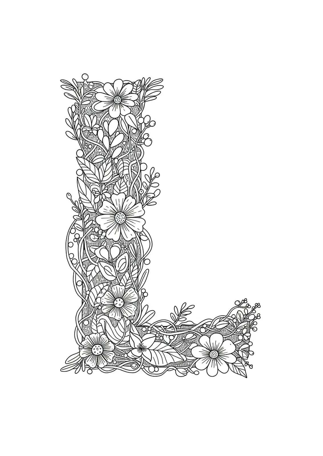 Letter L at the center of a complex botanical mandala with leaves and flowers, hard difficulty.