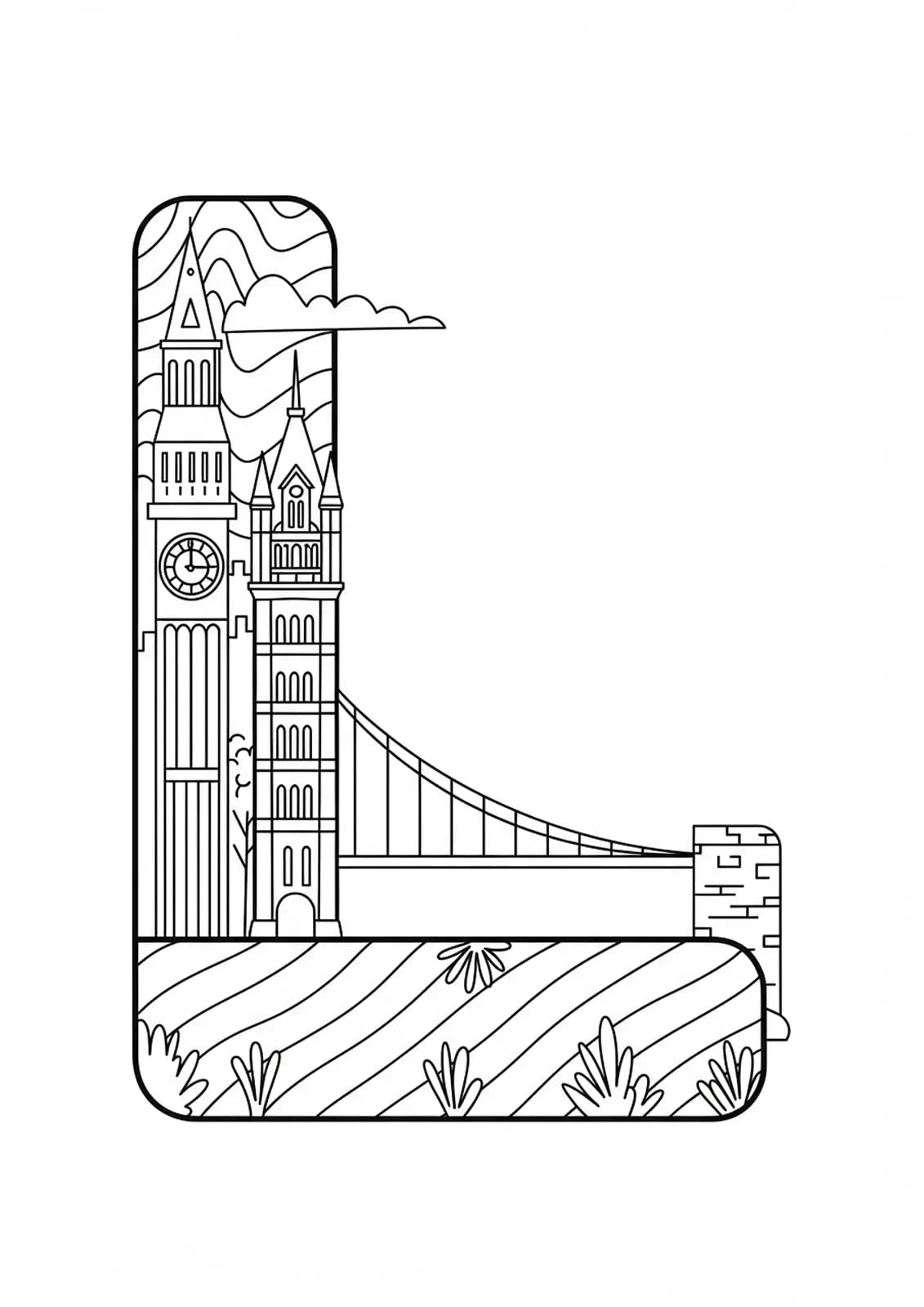 Outline of the letter L with simple cityscape landmarks like a bridge and tower around it.
