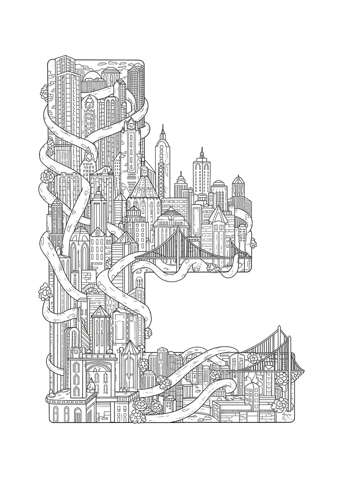 A letter L embedded within a complex cityscape of skyscrapers, bridges, and winding streets.