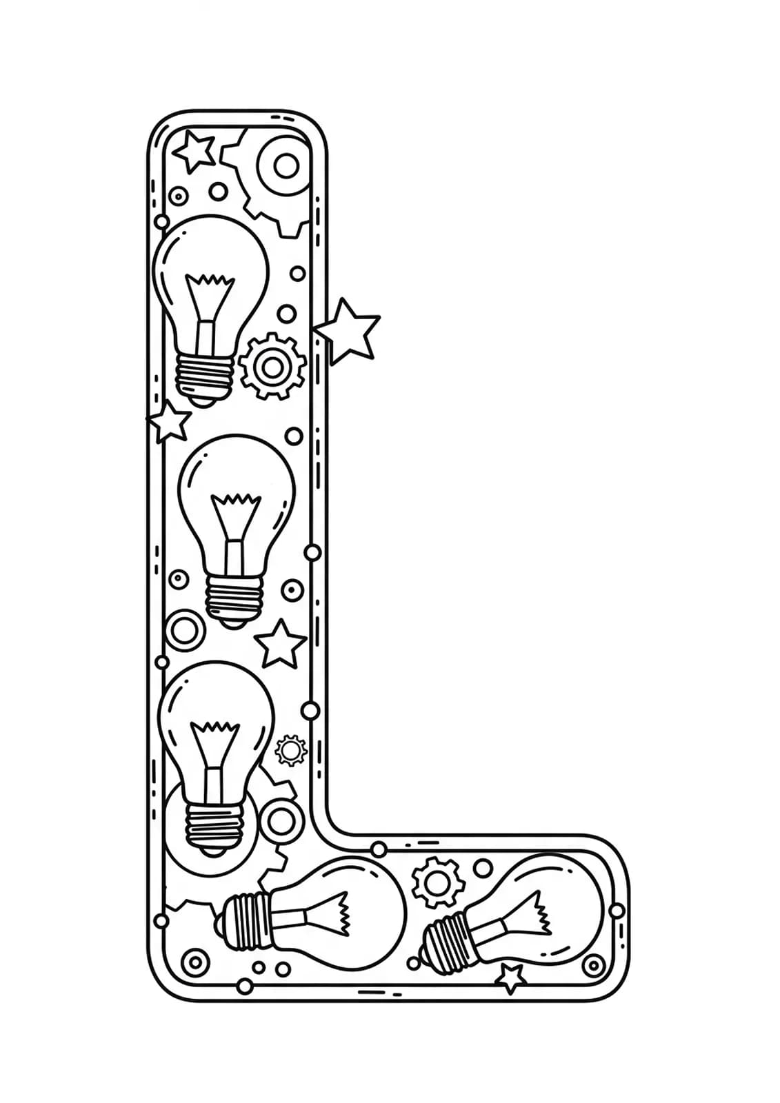Simple line art of the letter L with large lightbulbs and idea icons like gears and stars.