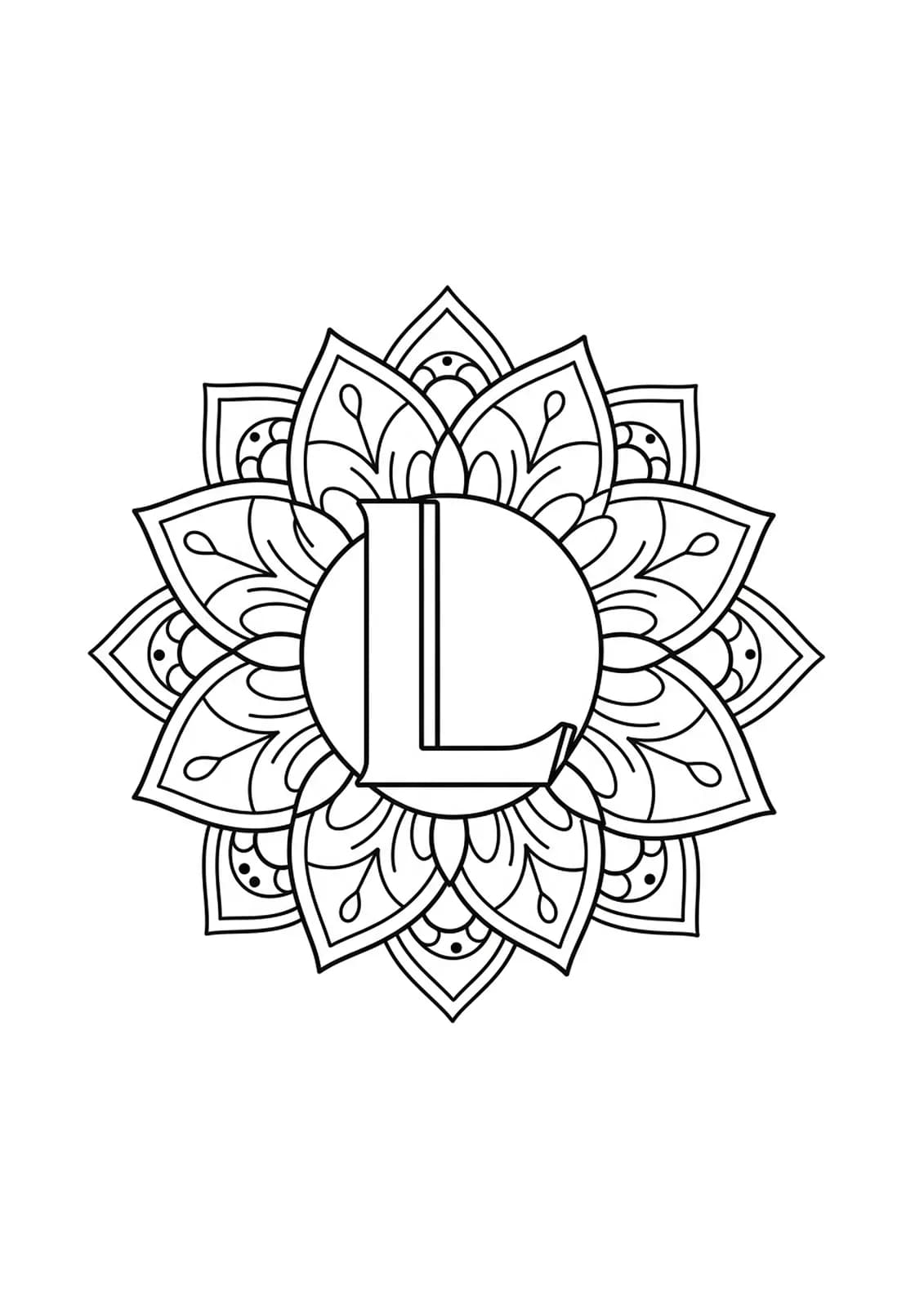 Letter L in the center of a simple lotus flower mandala with easy, bold lines.