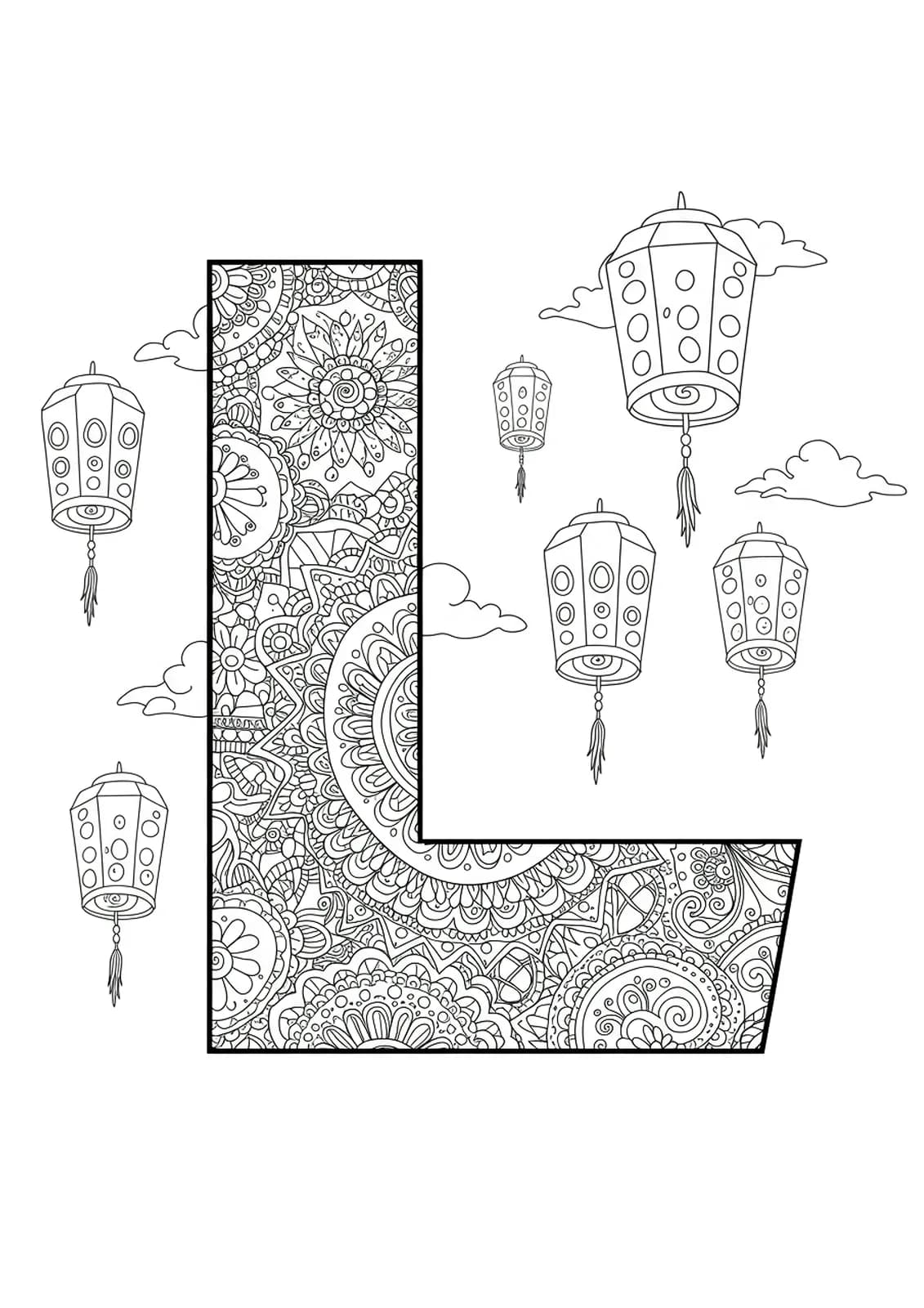 A highly detailed black and white coloring page with a large letter L, surrounded by mandala patterns and floating lanterns.