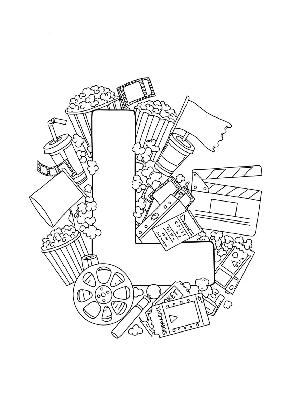 Simple coloring page of the letter L with popcorn, film reel, and movie ticket doodles, easy for teens to color.